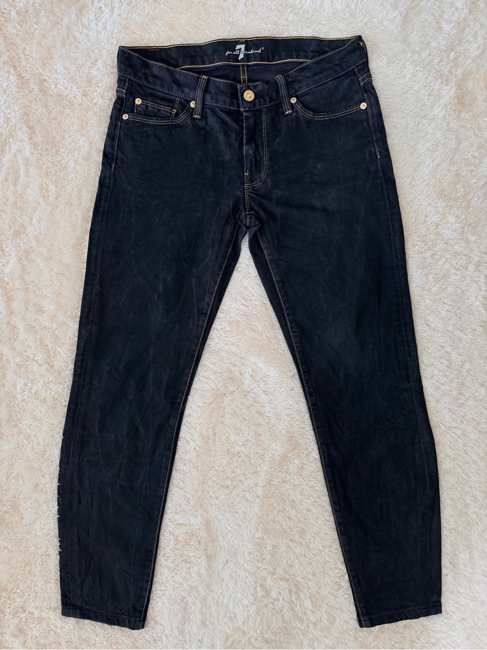 7 For All Mankind Dark Blue Slim Jeans with Contrast Yellow Stitching 27 short